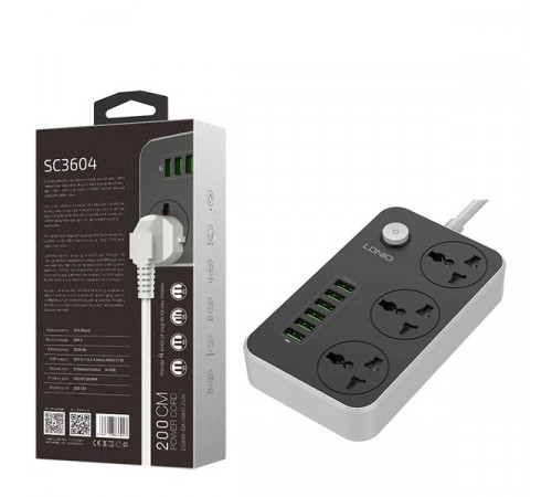 Ldnio SC3604 Power Strip with 3 AC Sockets and 6 USB Ports – Black
